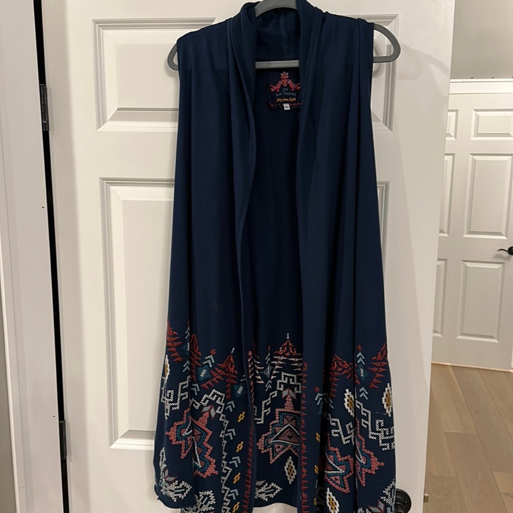 Johnny Was JW Los Angeles JoyLove Light Navy Embroidered Long Veat XL